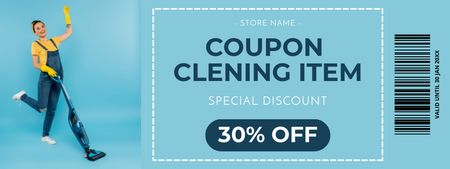 Happy Housewife on Cleaning Item Blue Coupon Design Template