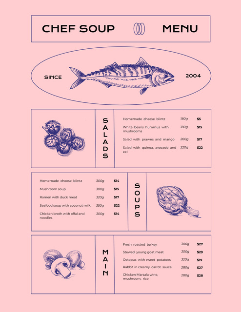 Soup Menu Announcement on Pink Menu 8.5x11in Šablona návrhu