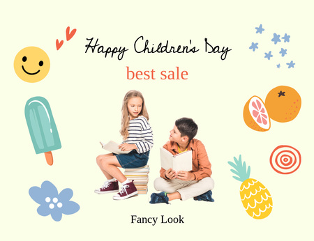 Platilla de diseño Children's Day with Cheerful Children Reading Books Thank You Card 5.5x4in Horizontal