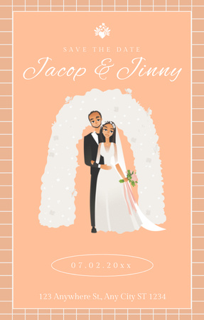 Wedding Invitation with Cartoon Bride and Groom Invitation 4.6x7.2in Design Template