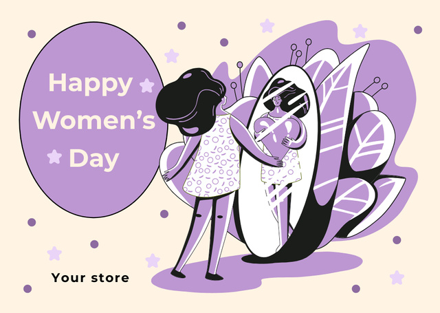 Women's Day Greeting with Woman looking into Mirror Card Modelo de Design