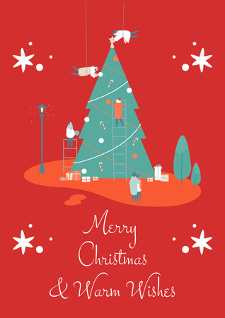 Christmas Greetings with Stylized People Decorating Fir-Tree Poster Design Template