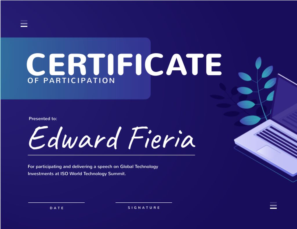 Technology Summit Participation Confirmation with laptop Certificate Design Template