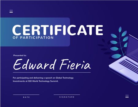 Technology Summit Participation Confirmation with laptop Certificate Modelo de Design