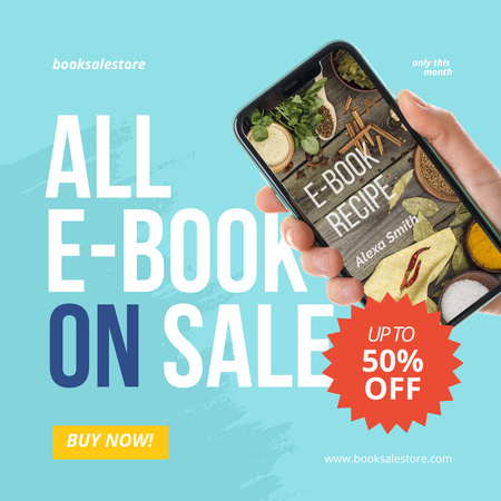 E-Book Sale Announcement with Smartphone in Hand Instagram Design Template