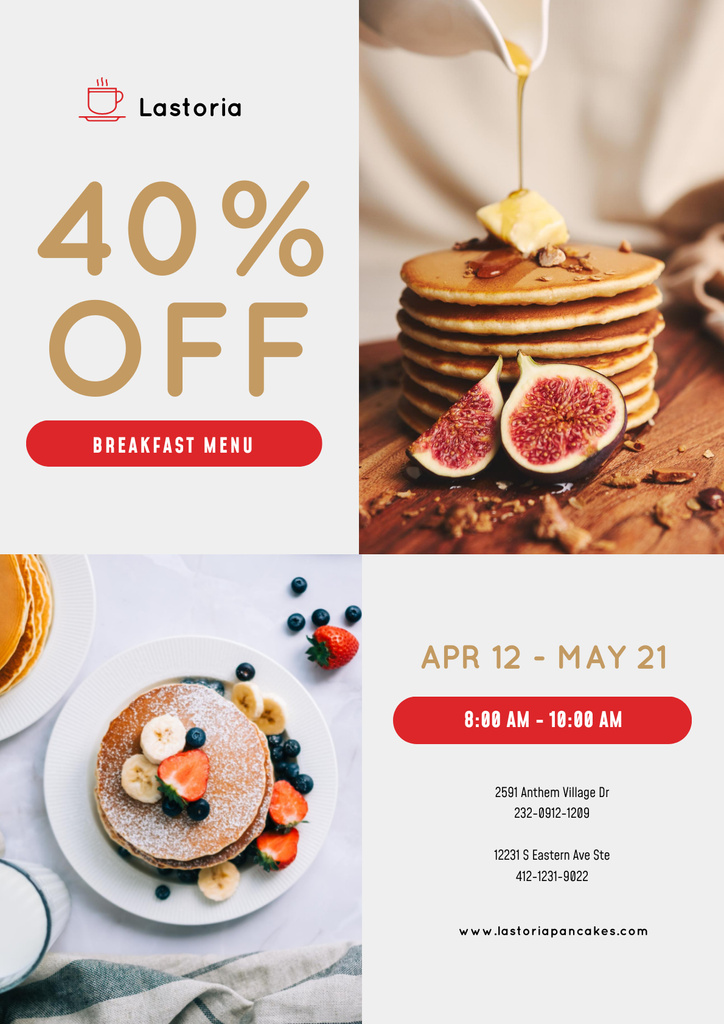 Cafe Menu Offer with Pancakes and Strawberries Poster Design Template