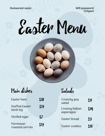 Designvorlage Ostergerichte bieten mit Eiern in der Schüssel an für Menu 8.5x11in