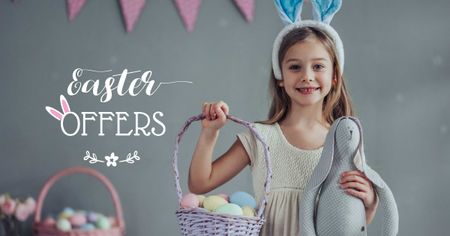 Easter Offer with Girl holding Eggs Basket Facebook AD tervezősablon