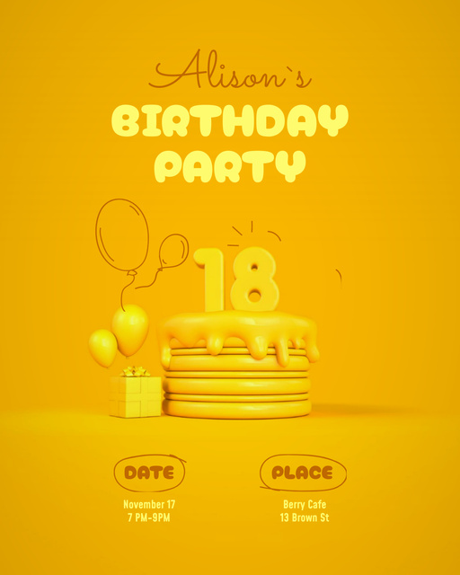 3d Illustrated Cake on Yellow Birthday Party Announcement Poster 16x20inデザインテンプレート