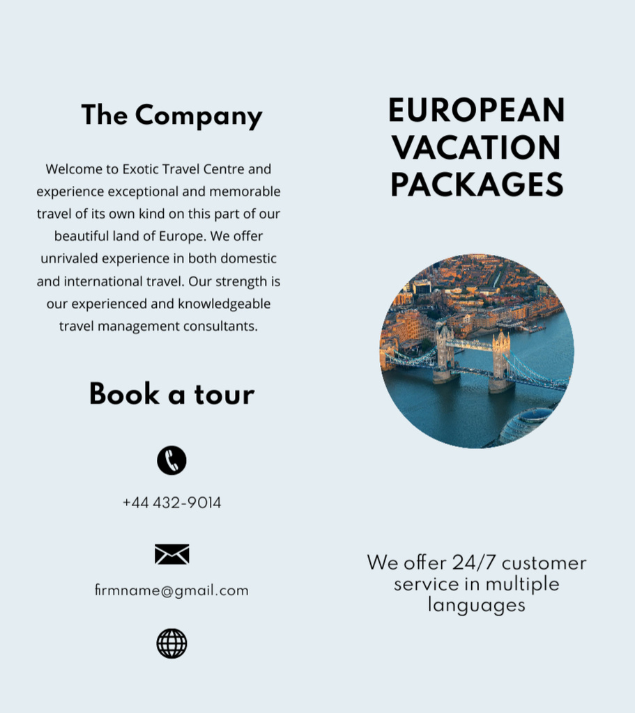 Designvorlage European Vacation Packages Offer with Bridge für Brochure 9x8in Bi-fold
