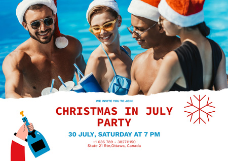 Christmas Party in July with Young People in Santa Hats Flyer A5 Horizontal Modelo de Design