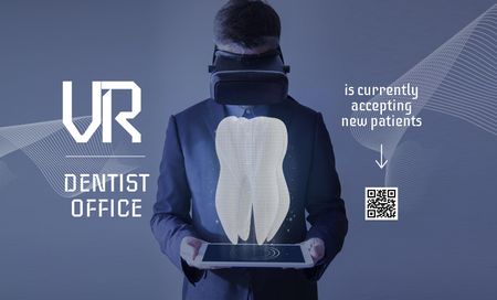 Man Wearing Virtual Reality Glasses Looking at Tooth Business Card 91x55mm Design Template
