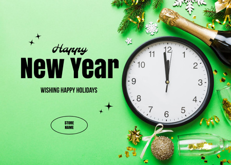 New Year Holiday Greeting With Clock And Bottle of Champagne Postcard 5x7in Design Template