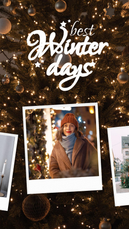 Designvorlage winterliche inspiration mit girl und festlichem weihnachtsbaum für Instagram Story