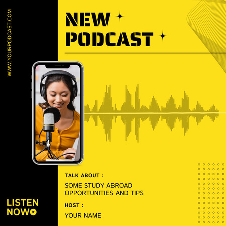 Talk Show Episode About Studying Abroad In Yellow Instagram Design Template