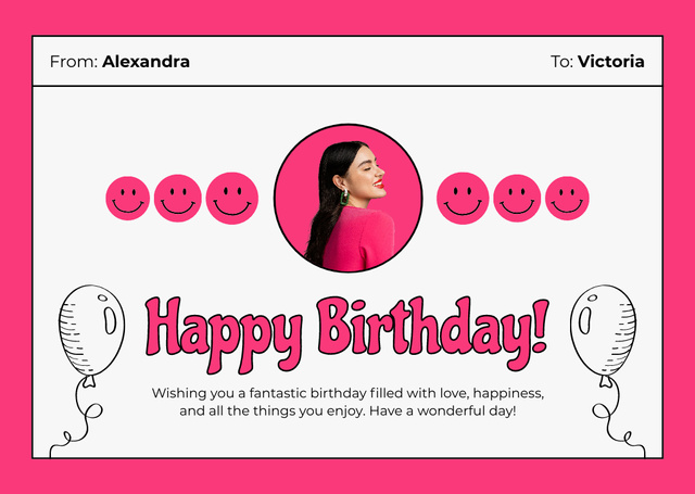 Birthday Greetings on Bright Pink Layout Card Design Template
