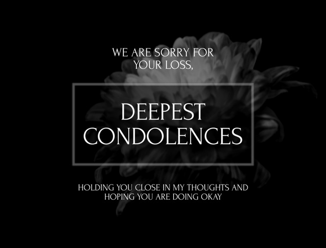 Deepest Condolences Quote with White Flower on Black Postcard 4.2x5.5in Šablona návrhu
