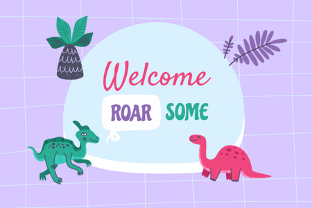 Frase de boas-vindas a casa com dinossauros fofos Postcard 4x6in Modelo de Design