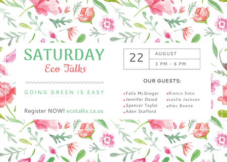 Eco Talks Announcement with Watercolor Flowers Pattern Card Design Template