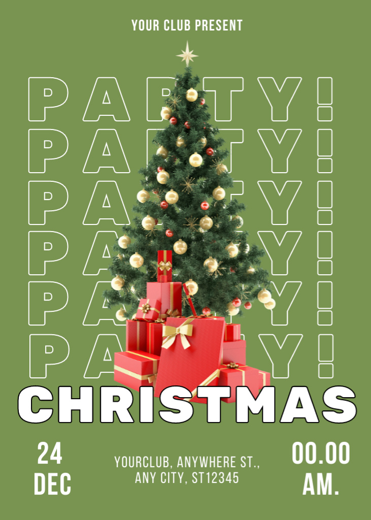 Christmas Party Announcement with Tree and Presents in Green Invitation Design Template