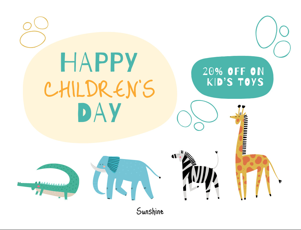 Platilla de diseño Children’s Day And Discount For Toys with Illustrated Animals Postcard 4.2x5.5in