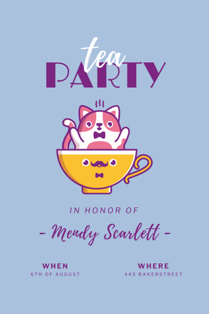 Tea Party Announcement with Cat Invitation 6x9in Design Template