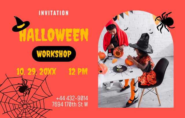 Ontwerpsjabloon van Invitation 4.6x7.2in Horizontal van Children on Halloween's Workshop on Bright Orange