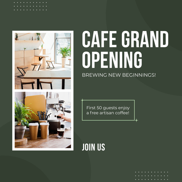 Contemporary Cafe Grand Opening Event With Free Crafted Coffee Instagram AD Modelo de Design