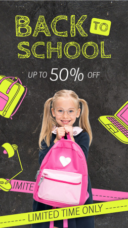 School Sale with Cute Schoolgirl on Gray Texture Instagram Story tervezősablon