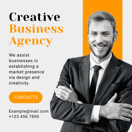 Anúncio de agência de negócios criativos em cinza e laranja LinkedIn post Modelo de Design