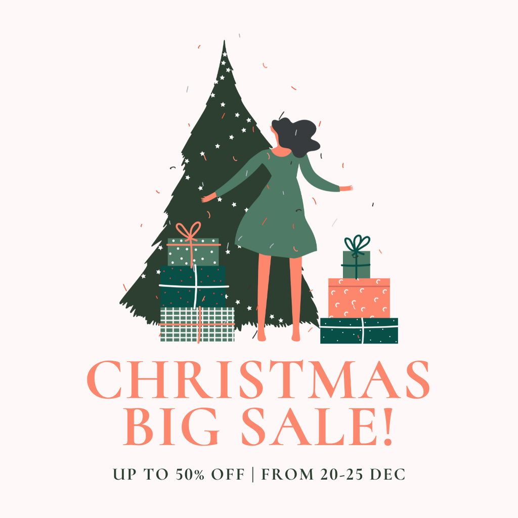 Christmas Sale Announcement Presents and Tree Around Woman Instagram AD tervezősablon
