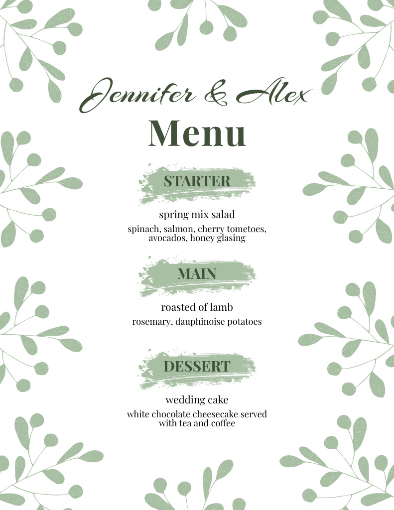 Watercolor Leaves on Background of Wedding Dishes List Menu 8.5x11in Design Template