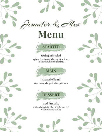 Акварельные листья на фоне списка свадебных блюд Menu 8.5x11in – шаблон для дизайна