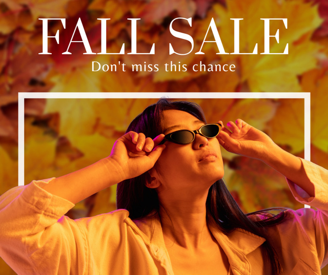 Fall Sale Announcement with Young Asian Woman on Orange Facebook Design Template