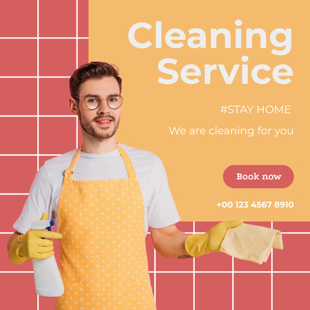 Mies, jolla on suihke ja tiskirätti siivouspalvelutarjoukseen Instagram Design Template