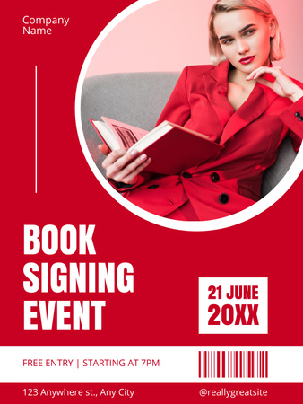 Book Signing Event Announcement on Bright Red Poster US tervezősablon