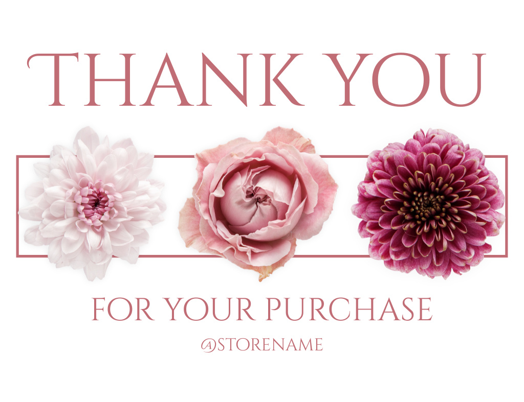 Thank You for Purchase Message with Fresh Pink Flowers Thank You Card 5.5x4in Horizontal Design Template