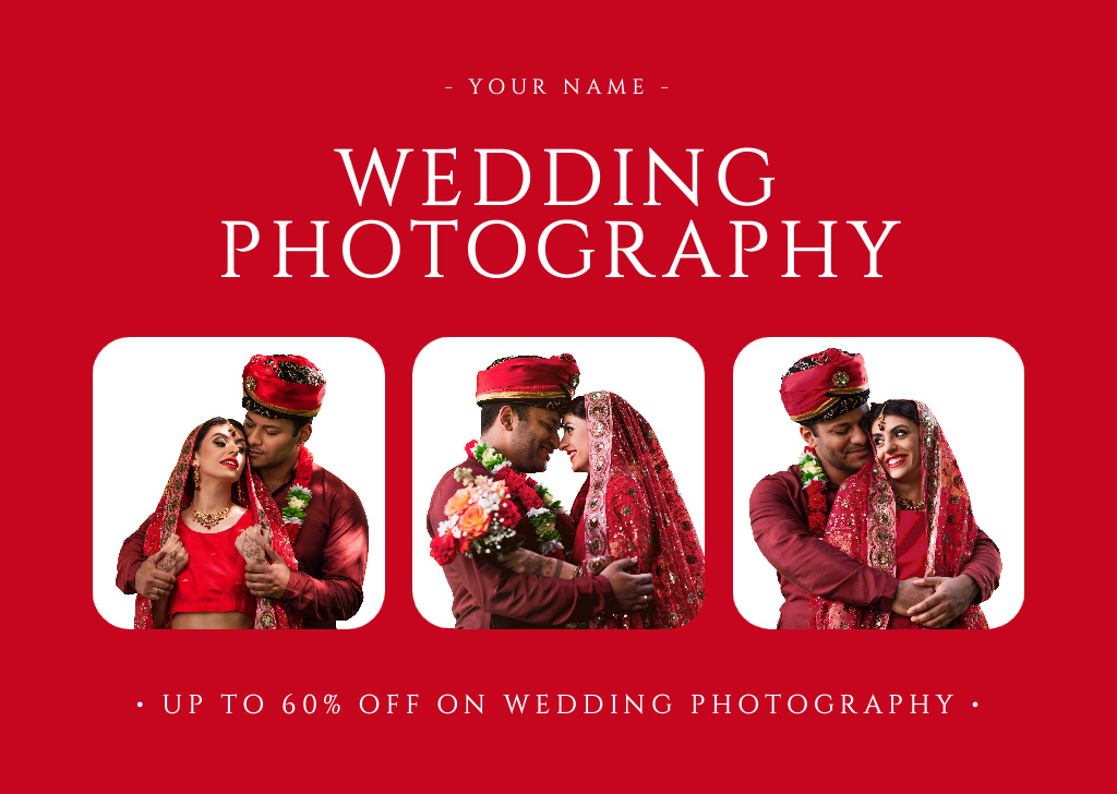 Ontwerpsjabloon van Card van Wedding Photography Offer with Attractive Indian Bride and Groom