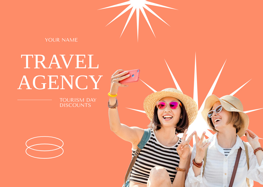 Travel Agency Services Offer with Girlfriends Taking Selfies Flyer A6 Horizontal Tasarım Şablonu