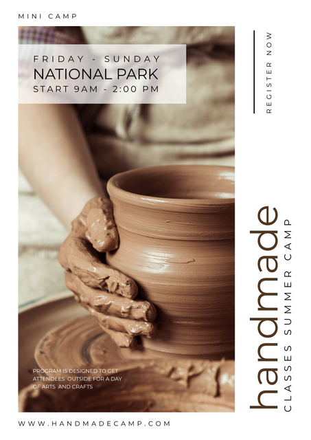 Designvorlage Handmade Summer Camp Ad with Hands of Potter Making Clay Pot für Poster