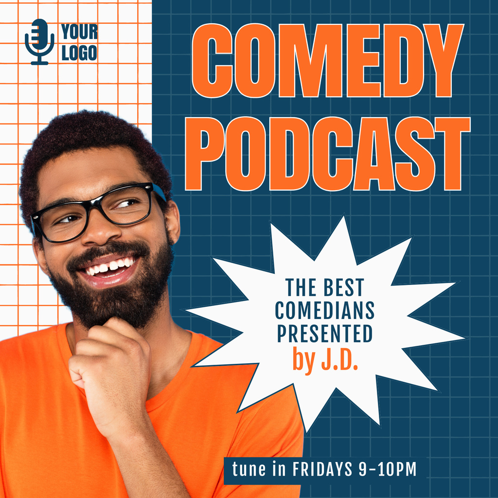 Template di design Comedy Episode Announcement with Young Smiling Performer Podcast Cover