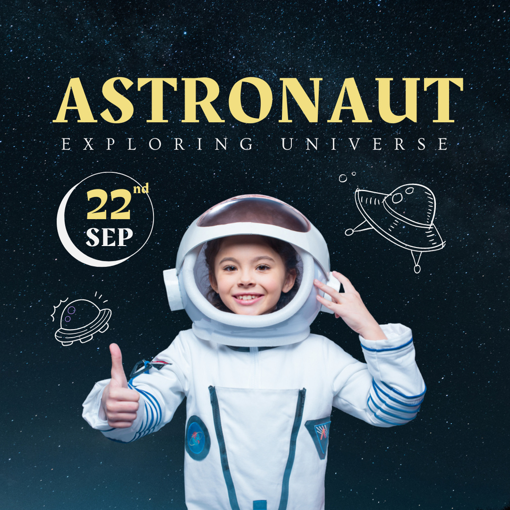 Designvorlage Astronomy Entertainment Announcement With Child In Astronaut Costume für Instagram