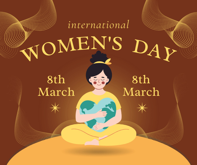 International Women's Day Greeting with Woman holding Planet Facebook Modelo de Design