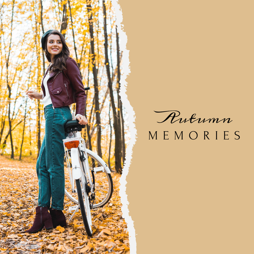 Autumn Inspiration with Girl in Park with Bike And Memories Instagram Šablona návrhu