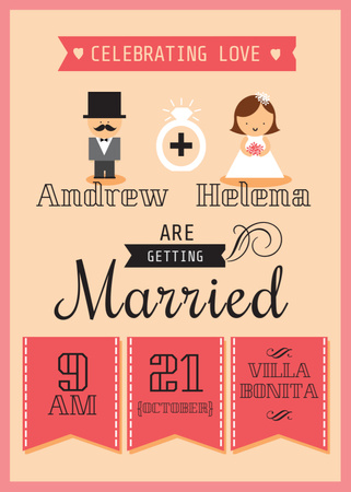 Wedding Announcement with Groom and Bride on Pink Invitation Modelo de Design