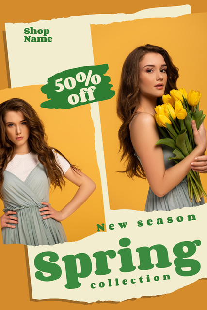 Szablon projektu Spring Sale Offer with Woman with Yellow Tulip Bouquet Pinterest
