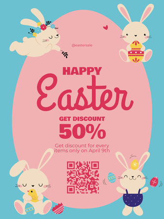 Plantilla de diseño de Oferta de vacaciones de Pascua con lindos conejos y huevos teñidos de Pascua Poster US 