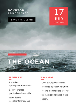 Ontwerpsjabloon van Flyer A6 van Aankondiging ecologieconferentie met stormachtige zeegolven