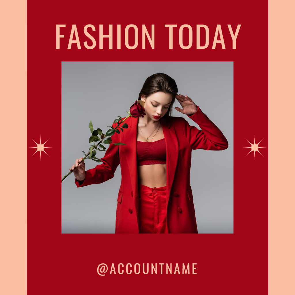 Platilla de diseño Beautiful Young Woman in Red Suit with Rose Instagram