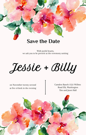 Wedding Ceremony Announcement on Watercolor Floral Invitation 4.6x7.2in Design Template